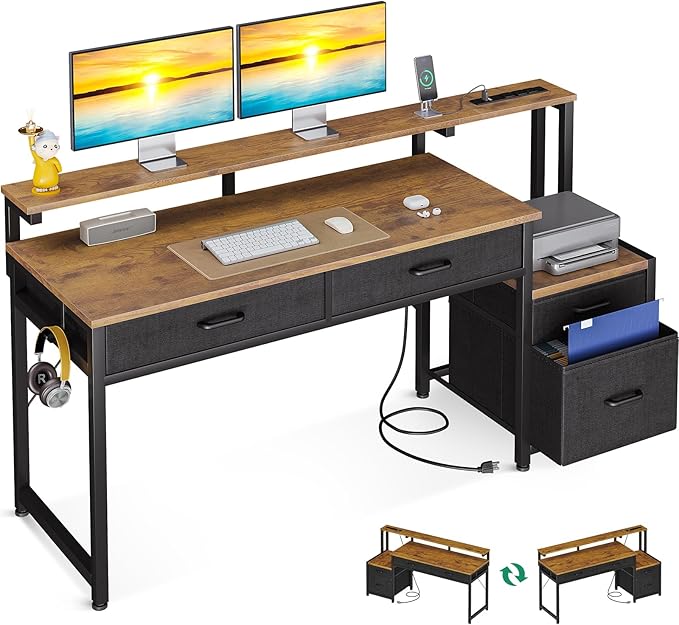 AODK Computer Desk with 4 Drawers 48 Inch Office Desk with Printer Shelf &amp Built-in Power Outlet Work Desk with Monitor Shelf for Home Small Spaces Rustic Brown