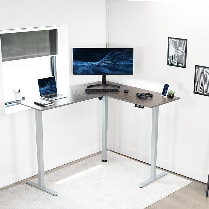 VIVO Corner Standing Desk 63 x 55 inch Reversible L-Shaped Workstation Electric Height Adjustment Home Office and Reception Rooms Dark Gray Table Top Gray Frame DESK-E3CTGG