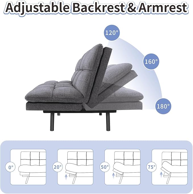 MUUEGM Futon Sofa Bed Memory Foam Dark Grey Futons Modern Office Couch Sleeper Bed Convertible Love seat Sofa for Small SpacesApartmentOffice with Adjustable Armrest Backrest