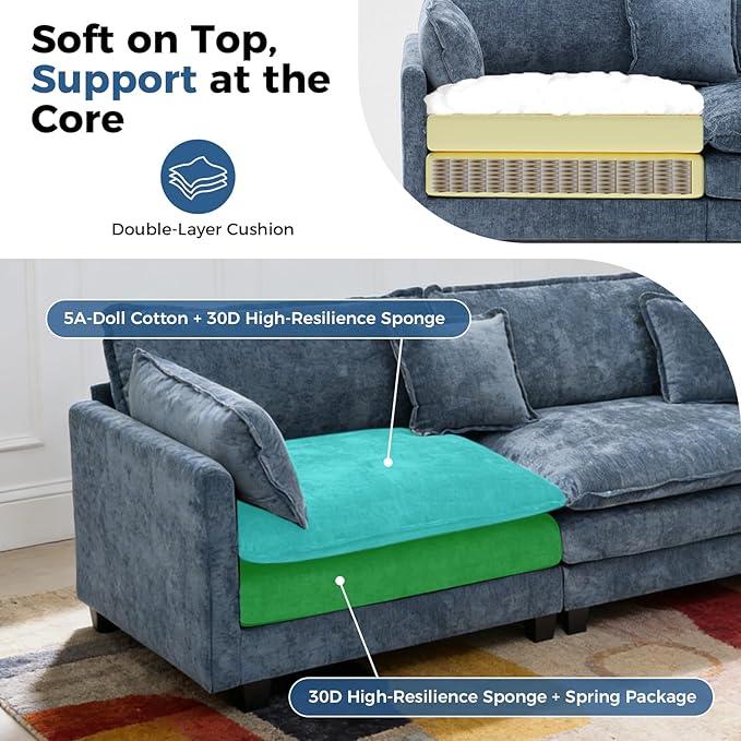 Redlife 133 Modular Sectional 3-Seater Sofa with Ottoman Chenille Couch Set with Spring &amp Double Foam Cushion System Removable Covers Easy to Assembly Blue