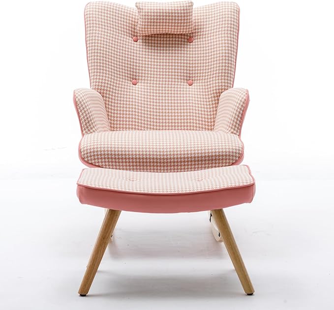 35.5 inch Rocking Chair Soft Houndstooth Fabric Leather Fabric Rocking Chair for Nursery Comfy Wingback Glider Rocker with Safe Solid Wood Base for Living Room Bedroom Balcony (Pink)