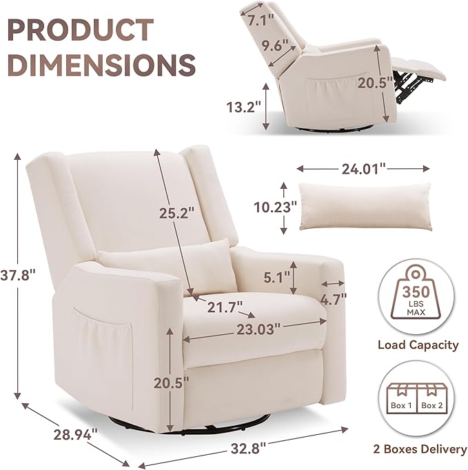 Tbfit 360° Swivel Recliner Chair Nursery Rocking Chair with Lumbar Support &amp Footrest for Bedroom Comfy Upholstered Armchair with Pillows &amp Storage Bag for Living Room (Beige Hidden Ring Ha