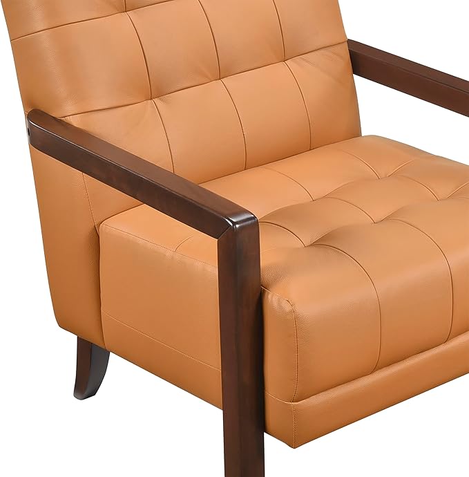 Lexicon Modern Accent Chair Luxury Genuine Leather Match Living Room Chair with Tufted Cushions Solid Wood Frame and Arm Rest Comfy Upholstered Single Seat for Bedroom/Reading/Office Orange