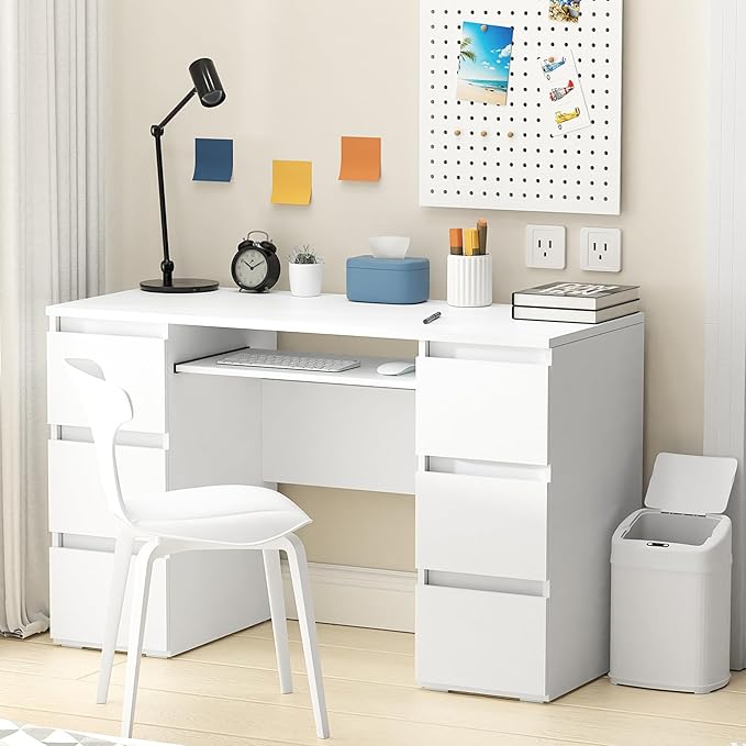 White Desk with Drawers Computer Desk for Bedroom Home Office Table with Storage 47 Inch Writing Wood Desks Executive Desks Workbench Study Counter Small Gaming Table White
