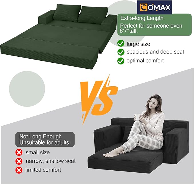 COMAX Convertible Sofa Bed Queen Corduroy Folding Floor Couch Pull Out Couch Bed Futon Sleeper with Pillows Fold Out Boneless Sofa Comfy Lounge Mattress Loveseat for Living Room Bedroom Green