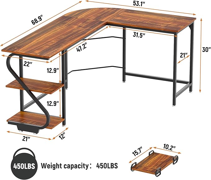 Weehom Reversible L Shaped Desk with Shelves Large Corner Computer Desk Gaming Desks for Home Office Writing Workstation Wooden TableRustic Brown