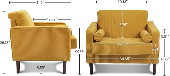 Lumibee Corduroy Accent Chair Modern Upholstered Armchair with Large Seat for Living Room Comfy Single Reading Sofa Chair for Bedroom-Yellow