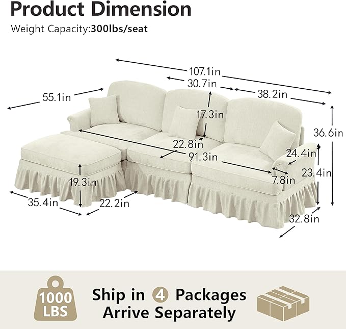 107.1 L-Shaped Modular Sectional Sofa 3-Seater with Ottoman Deep Seat Cloud Couch Chenille with Removable Pleated Skirt for Living Room Office (Beige White)