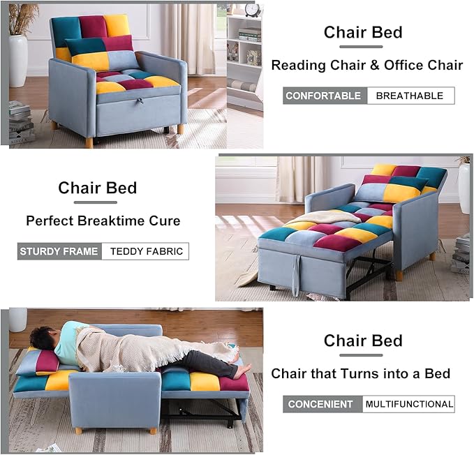 3-in-1 Convertible Chair Bed Single Sofa Bed with Adjustable Backrest Lounger for Living Room (Rainbow)