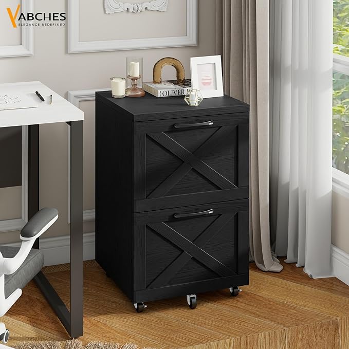 Vabches Farmhouse File Cabinet with 2 Drawers Vertical Filing Cabinet on Wheels for Letter/A4 Size Hanging Files Mobile File Cabinets Printer Stand for Home Office Black