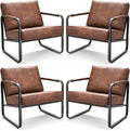 PrimeZone Mid-Century Modern Accent Chair Set of 4 - Comfy Faux Leather Living Room Chair Lounge Armchair with Extra Soft Padded &amp Cushion Ergonomic Accent Chair for Bedroom Office Brown