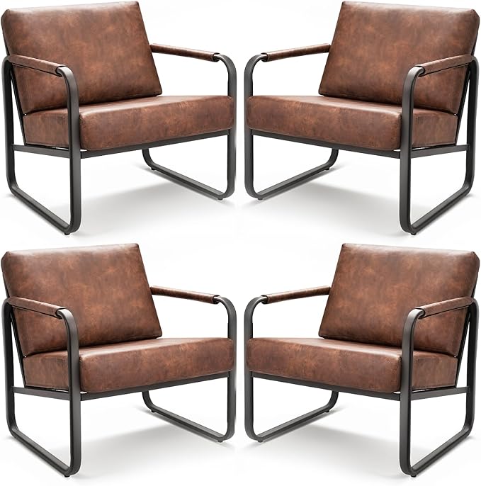 PrimeZone Mid-Century Modern Accent Chair Set of 4 - Comfy Faux Leather Living Room Chair Lounge Armchair with Extra Soft Padded &amp Cushion Ergonomic Accent Chair for Bedroom Office Brown