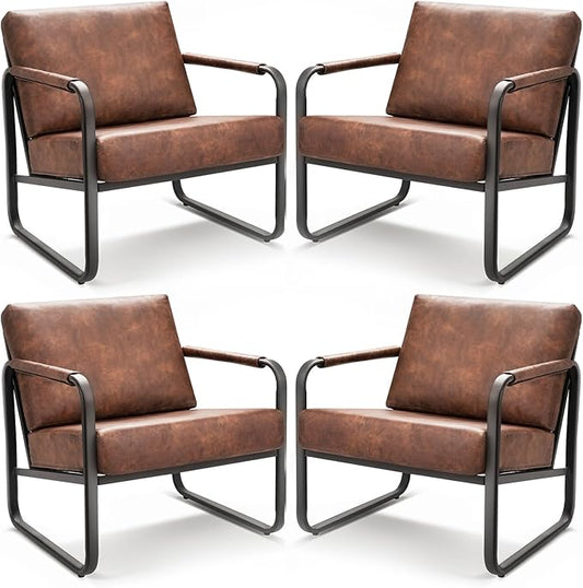 PrimeZone Mid-Century Modern Accent Chair Set of 4 - Comfy Faux Leather Living Room Chair Lounge Armchair with Extra Soft Padded &amp Cushion Ergonomic Accent Chair for Bedroom Office Brown