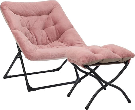 Comfy Saucer Chair for Adults Soft Faux Fur Bedroom Chair with Ottoman Accent Dorm Chairs Living Room Reading Chairs and Footstool Folding Seat for Teens X-Large Dusky Pink