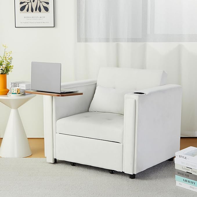 Velvet Convertible Chair Bed 3 in 1 Multi-Functional Lounge Chair Sleeper Pull Out Couch Guest Bed with Hidden Table and Adjustable Backrest for Living Room (White)