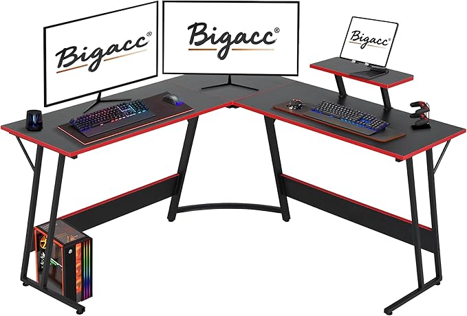 Bigacc L Shaped Gaming Desk 50 Corner Desk Spacious Dual Tops P2 Particleboard Metal Z-Legs Adjustable Non-Slip Pads Scratch/Waterproof Multi-Use Home Office/Game Room/Dorm