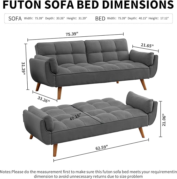 Convertible Futon Sofa Bed Linen Sleeper Couch 75 W Modern 3 Seater Tufted Sofa with Solid Wood Legs and Adjustable Backrests for Small Spaces Living Room Bedroom Dark Gray