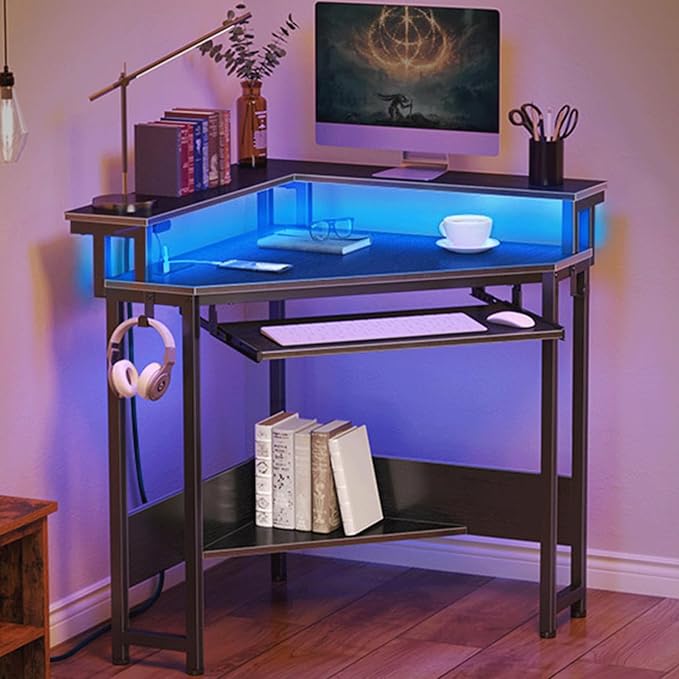 Small Corner Desk with Power Outlet and LED Lights Triangle Corner Gaming Desk with Keyboard Tray Compact Home Office Triangle Table for Small Spaces Home Office Black