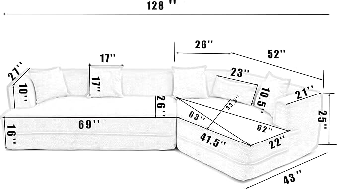 KEIKI 128 Oversized Modular Boucle Sectional Sofa with Flared Armrest Modern Minimalist Style 3-Seater Reversible Combination Couch Easy Assembly for Apartment Living Room Bedroom Creamy White