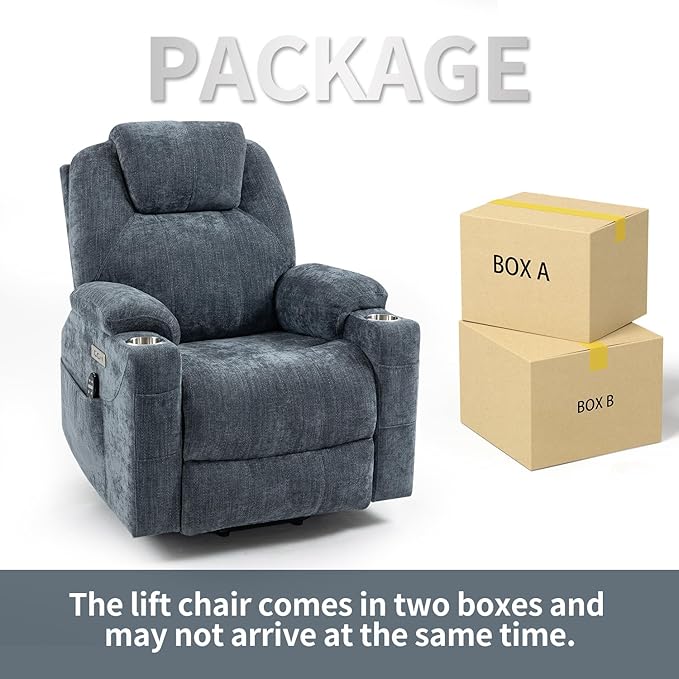 Power Lift Chair with Massage &amp Heat Electric Recliner Chairs for Adults Remote Control Sofa for Living Room Standing Assistance USB Ports Stainless Steel Cup Holders (Chenille Blue)