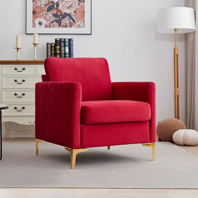 Red Velvet Accent Chair Upholstered Armchair with Gold Metal Legs Modern Single Sofa Chair for Living Room Bedroom Office
