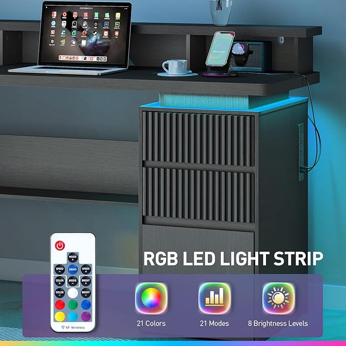 59 Executive Desk with Drawer Fluted Computer Desk with File Drawer &amp Monitor Stand Home Office Desk with Power Outlet LED Light Modern Fluted Computer Writing Desk with Storage Black