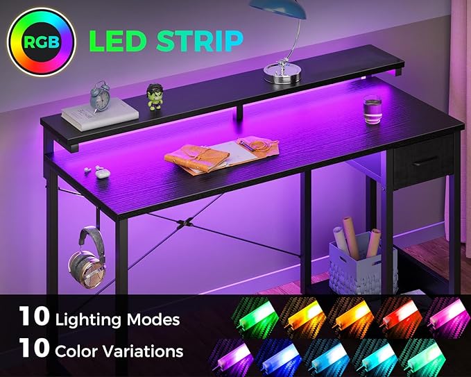AODK Gaming Desk with LED Lights 48 Inch Computer Desk with Drawers Reversible Small Desk with Monitor Stand &amp Headphone Hook for Home Office Black
