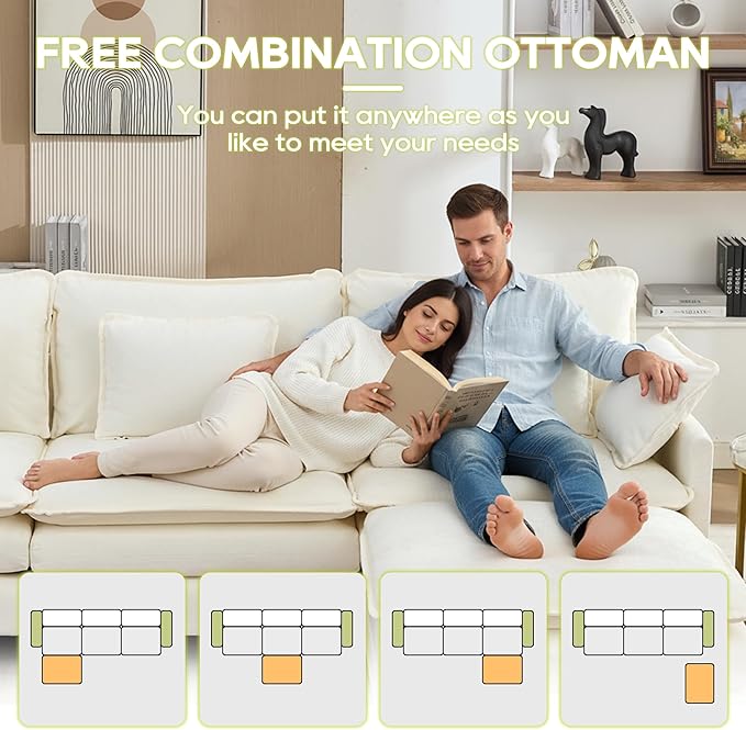 113 Chenille Modular Sectional Sofa Convertible L Shaped Modular Sofa Comfy Cloud Couch with Ottoman Side Pockets and 5 Throw Pillows for Living Room (Beige 113'' - 4 Seat)