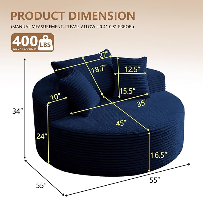 Oversized Round Chair Lounge Chaise Indoor Upholstered Corduroy Deep Seat Cloud Large Circle Sofa Chair No Assembly Required Fluffy Modern Sleeper Sofa Bed for Reading Living Room Dark Blue