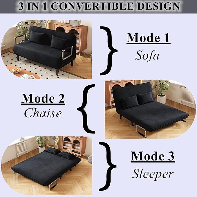Convertible Sofa Bed Full Size Velvet Tri-Fold Sofa Bed with 6-Position Adjustable Backrest Multi-Functional Folding Chaise Lounge Couch for Home Office 55 W x 74.8 L Black