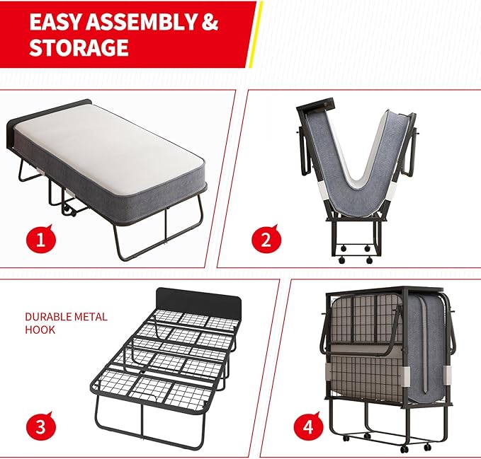 PUREMIND Rollaway Bed with Mattress for Adults Twin Size Folding Bed with 5” Foam Mattress Portable Foldable Guest Beds - Sturdy Metal Frame &amp Dustproof Bag Hideaway (75 x 31)