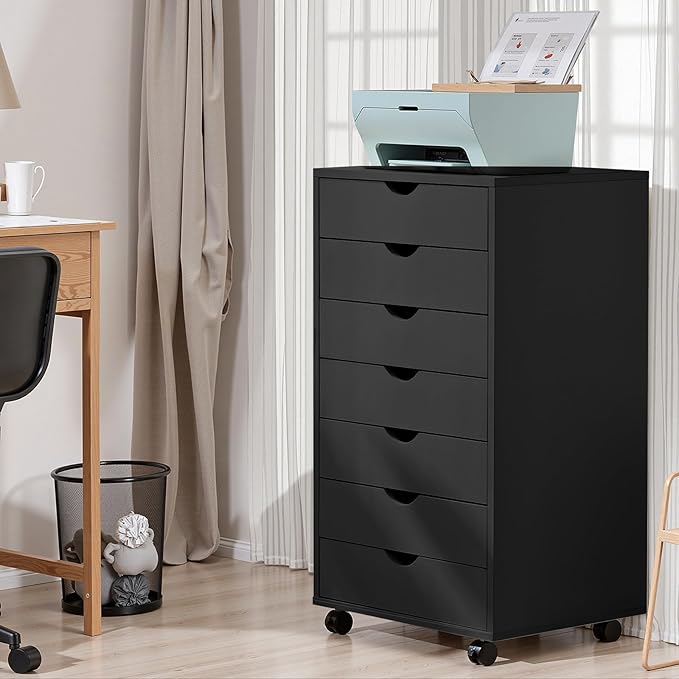 NEWBULIG 7 Drawers Mobile File Cabinet Under Desk Storage with Wheels Office Filing Cabinets Small Wooden Rolling Chest of Dawers for Home Office Black