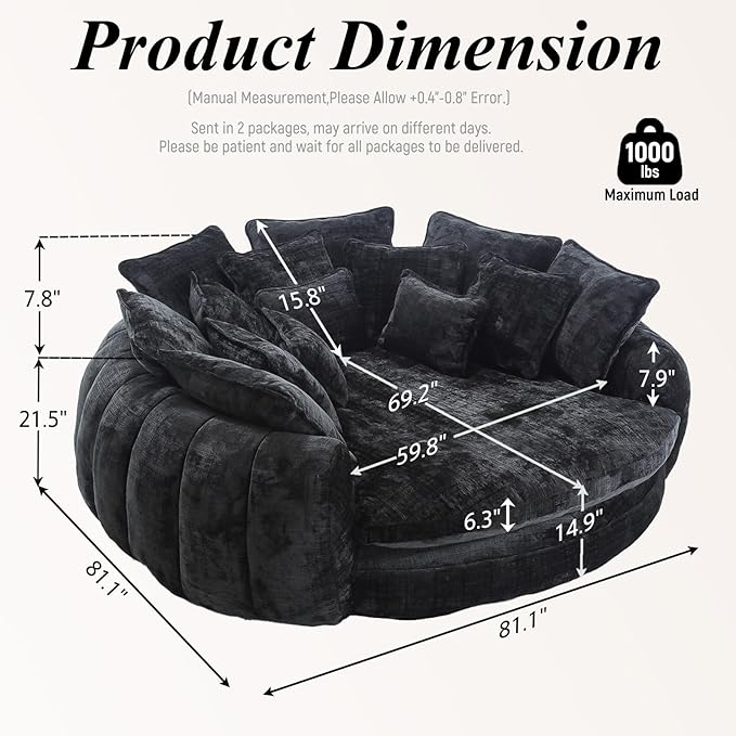 81'' Cloud Couches for Living Room Comfy Circle Round Couch Bed with 14 Pillows Upholstered Boneless Couch Oversized Chaise Lounge Chair Indoor Extra Wide Round Daybed Floor Sofa (Black)