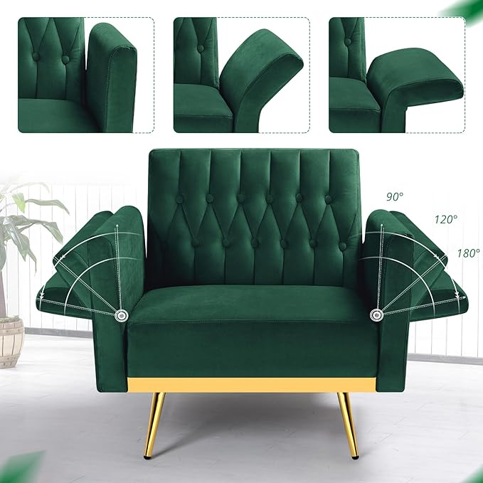 Velvet Accent Chair with Adjustable Armrests and Backrest Button Tufted Lounge Chair Single Recliner Armchair with Ottoman and Pillow for Living Room Bedroom Green