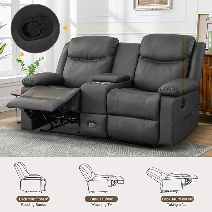 Loveseat Recliner Reclining Sofa with Console Double Reclining Couch 2 Seater Manual Massage Couch for Living Room Office Home Theater(PU-Grey)