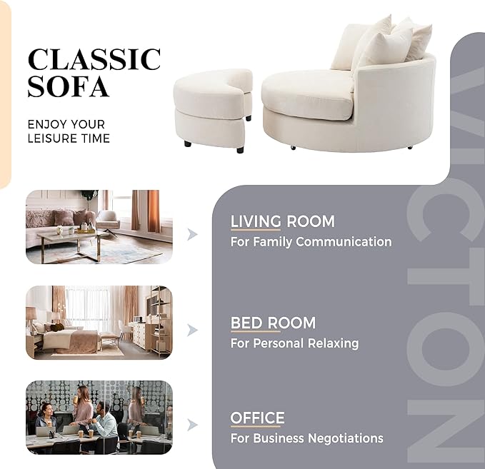Merax 360° Swivel Barrel Chair with Half Moon Storage Ottoman Oversized Leisure Round Single Sofa Large Chaise Lounge &amp 4 Pillows Comfy Linen Upholstered Accent Armchairs for Living Room Cream