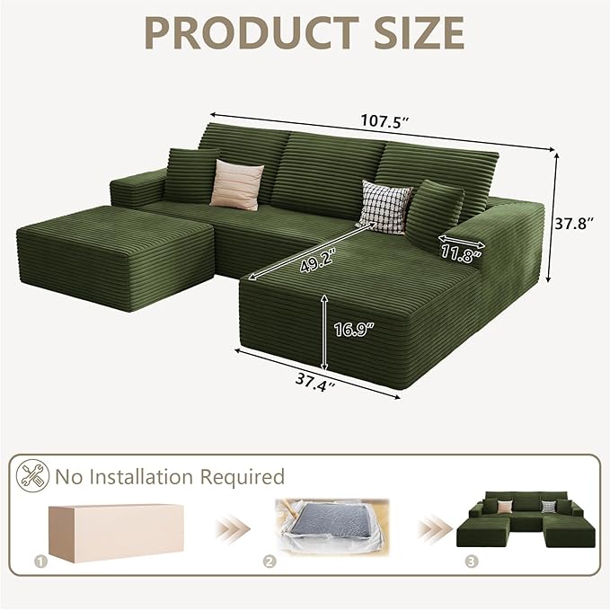 107 Cloud Sectional Couch with U-Shaped Chaise Corduroy Sectional Sofa with Ottoman Boneless Couch with Deep Seat in a Box for Living Room No Assembly Required (Green Right Facing Chaise)