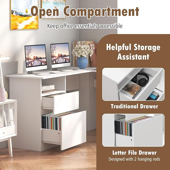 GOFLAME L-Shaped Desk 59 Corner Computer Desk with File Drawer &amp Open Shelf Large Workstation w/ 2 Cable Management Holes Writing Study Desk for Home Office White