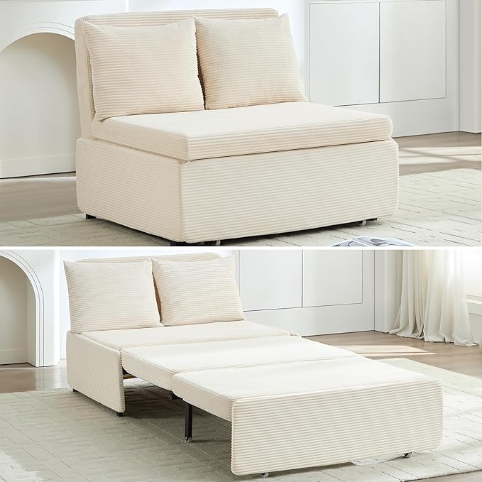 Mjkone 43 Width Sofa Bed Chair Twin Size with Pull Out Couch Beds 2-in-1 Modern Corduroy Living Room Pull Out Sleeper Sofa Chair Bed with Cushions and Throw Pillows for Apartment Home Office Beige