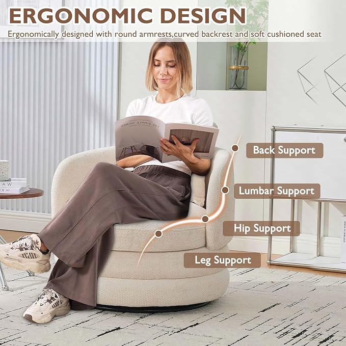 Swivel Accent Chairs 360° Round Swivel Barrel Chair with Pillow for Reading Room Bedroom Beige Chenille Armchair Single Club Chair for Living Room (Beige)