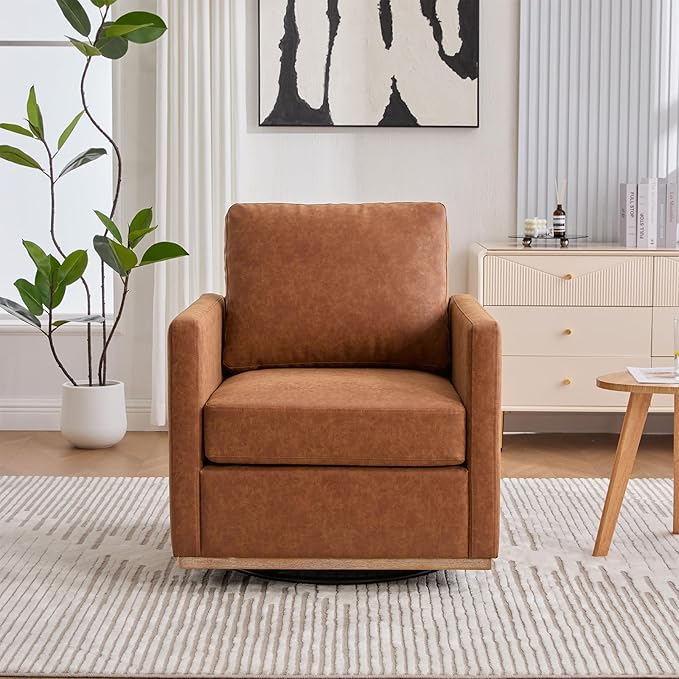 360° Swivel Accent Chair Square Modern Comfy Chair with Metal Base &amp Thicked Cushion Upholstered Lounge Reading Armchair Cozy Cloud Sofa Chairs for Living Room Bedroom Office Club(PU Brown)
