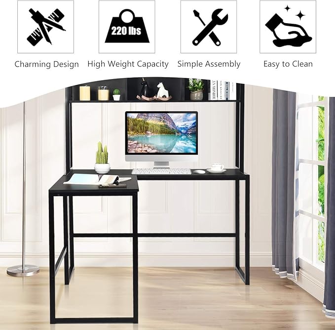 Tangkula Reversible L-Shaped Desk with Hutch Space Saving Corner Computer Desk with Storage Shelves Home Office Study Writing Desk Computer Workstation with Storage Bookshelf Gaming Desk