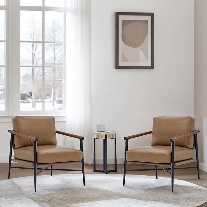 Watson &amp Whitely Mid Century Modern Accent Chair Set of 2 Faux Leather Armchair Comfy Upholstered Lounge Reading Chair for Living Room Bedroom Cafe Waiting Room Brown