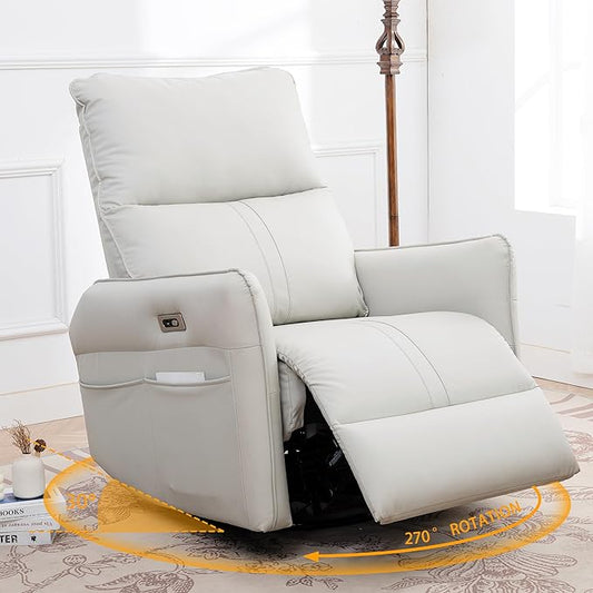 Power Swivel Rocker Recliner Chair for Nursery Upholstered 270° Swivel Glider Rocker Chair with USB Ports Small Power Recliners for Small Spaces Living Room (Light Grey)