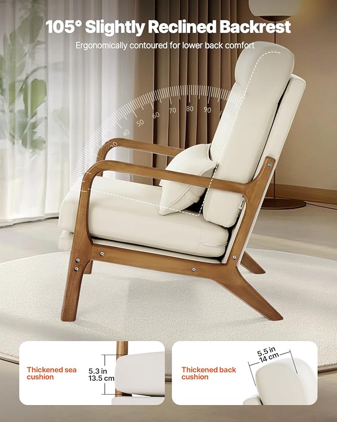 VEVOR Accent Chair High Back Mid Century Modern Armchair with Solid Wood Frame and Non-Slip Legs Upholstered Leisure Chair with Linen Fabric and 5.3 in Thickened Cushion for Living Room Bedroom
