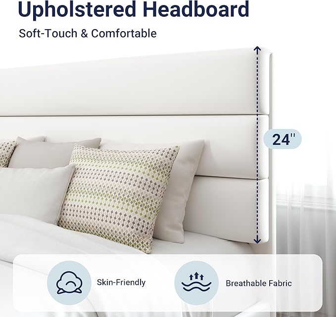 Allewie King Size Platform Bed Frame with Velvet Upholstered Headboard and Wooden Slats Support Fully Upholstered Mattress Foundation/No Box Spring Needed/Easy Assembly White
