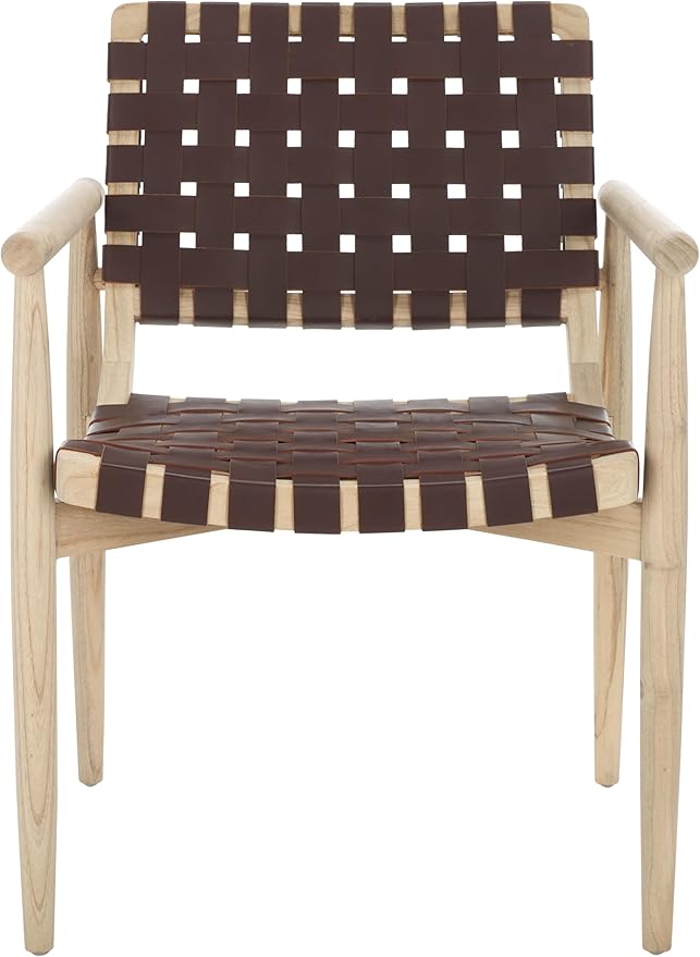 SAFAVIEH Home Collection Dionne Natural Sungkai Solid Wood/Cognac Brown Leather Woven Accent Chair (Fully Assembled)