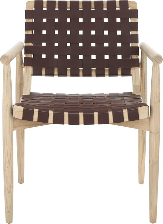 SAFAVIEH Home Collection Dionne Natural Sungkai Solid Wood/Cognac Brown Leather Woven Accent Chair (Fully Assembled)