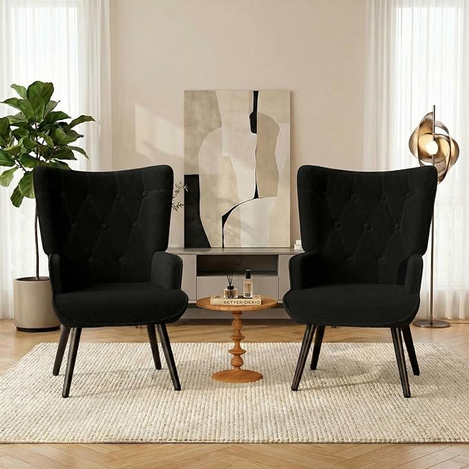TLSUNNY Accent Chair Comfy Upholstered Armchair with Metal Legs High Backrest Living Room Chair Wingback Chair Mid Century Modern for Living Room/Vanity/Bedroom Teddy Fabric Black (2 pcs)