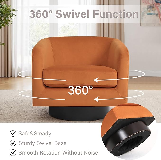 Swivel Barrel Accent Chair Modern 360° Swivel Round Barrel Chairs with Curve Back Upholstered Velvet Fabric Armchair Single Sofa Club Chair for Living Room Bedroom Orange